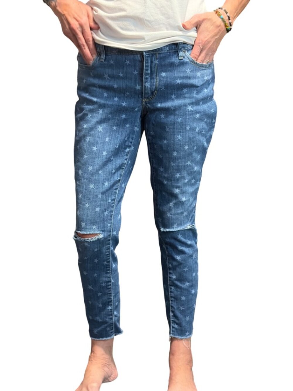 Sz.10*Time and Tru*Star Print Skinny Jeans Ripped Distressed Frayed Hem